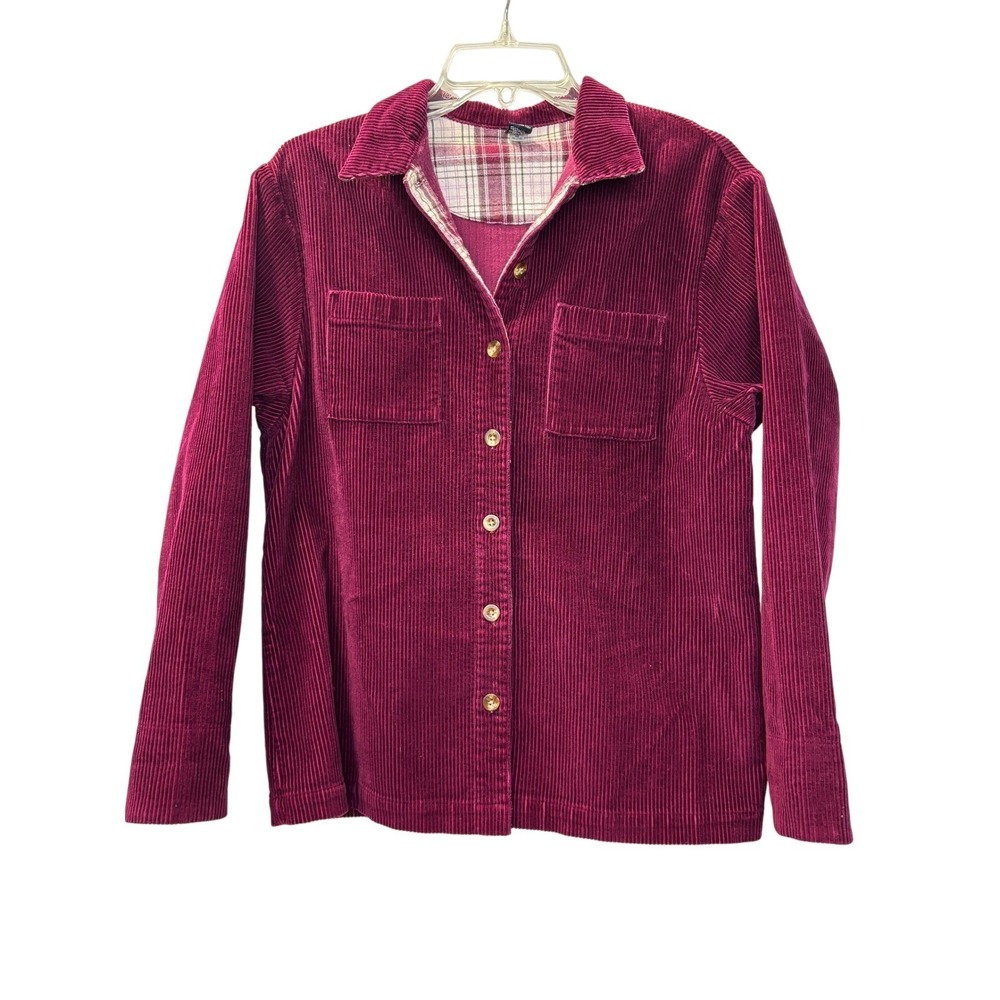 Lands' End XL Wide Wale Corduroy Shacket Maroon Burgundy Plaid Trim Button Up